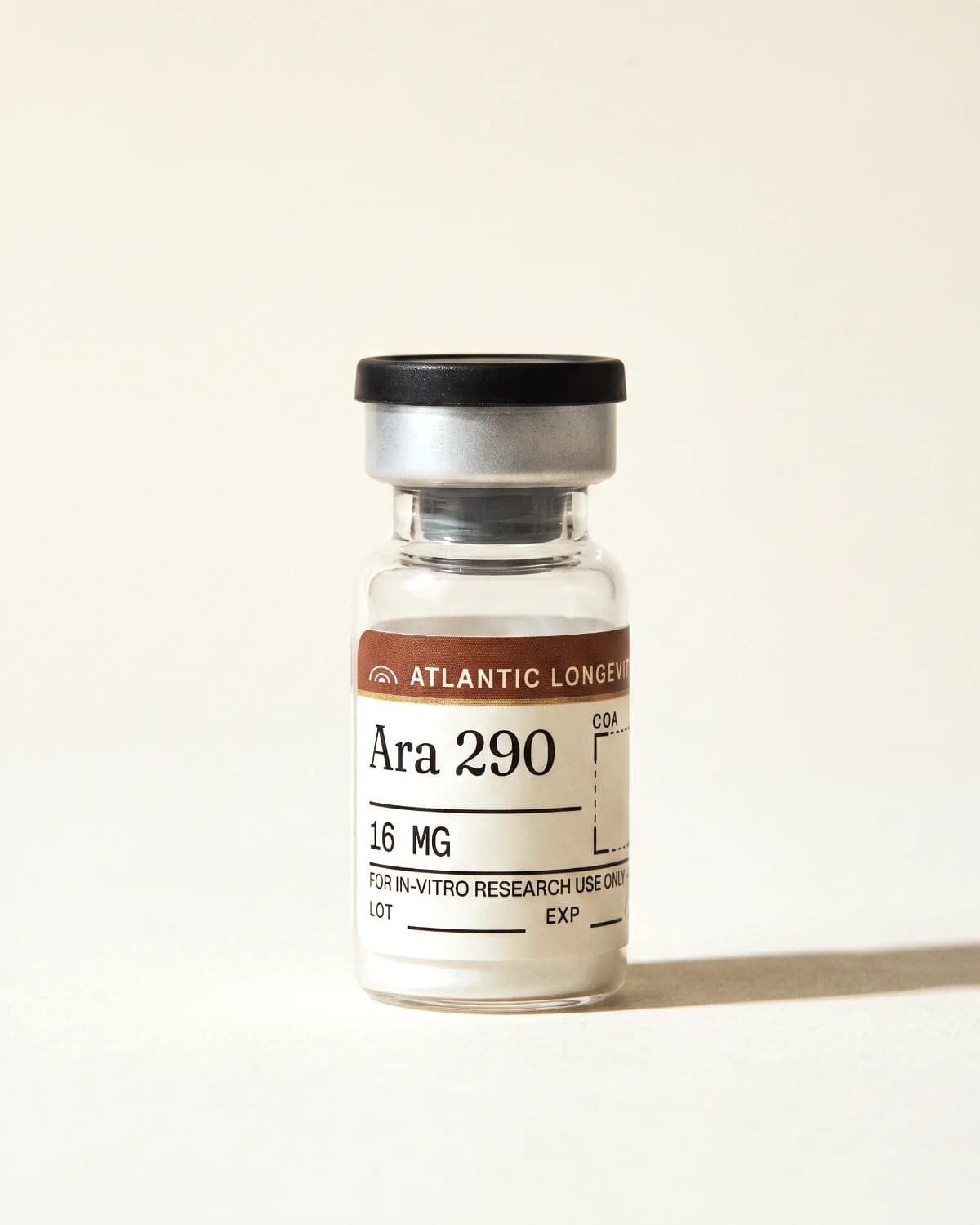 Ara 290 vial with Atlantic Longevity batch label, lot and expiry write-in fields, on bone paper