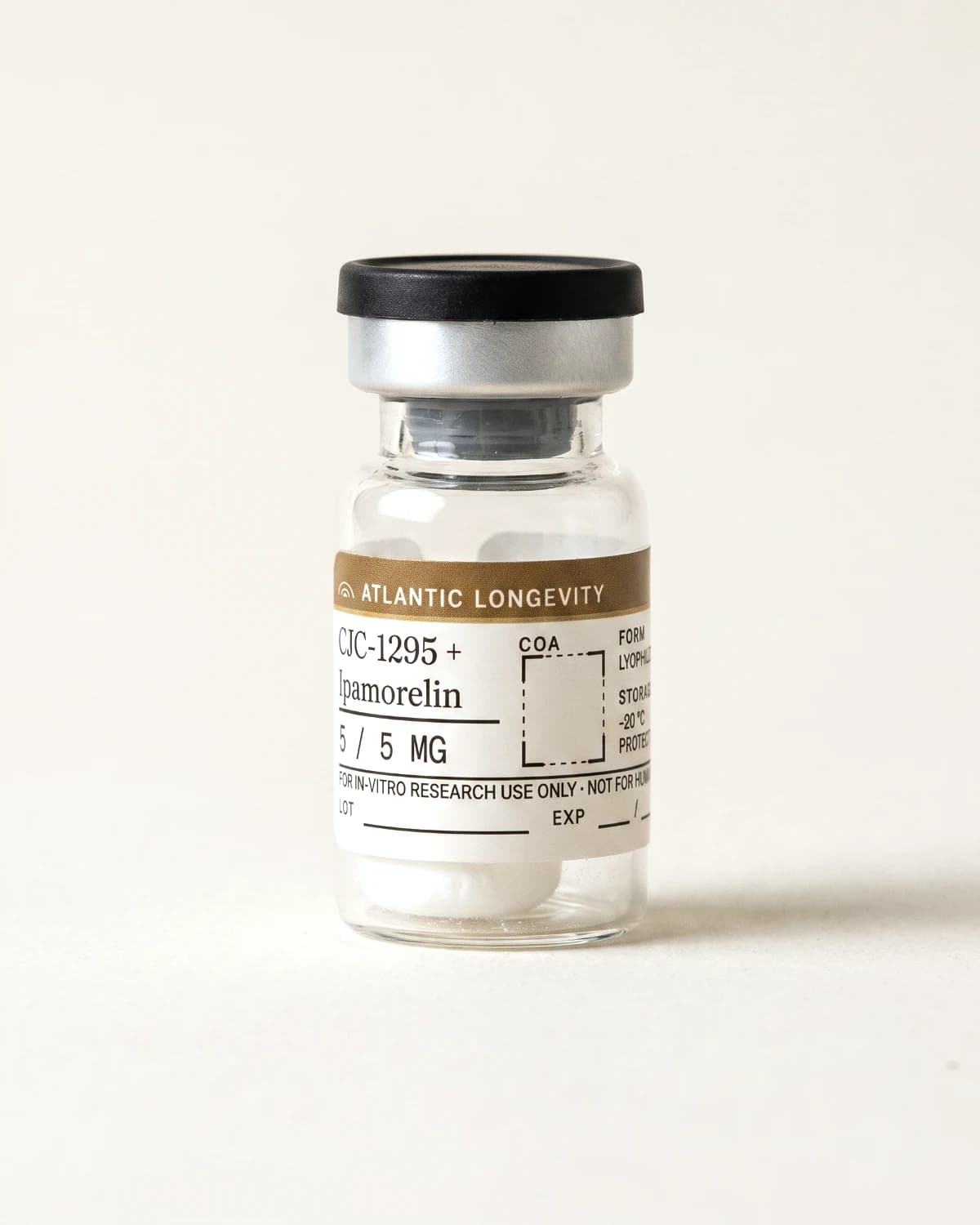 CJC-1295 + Ipamorelin vial with Atlantic Longevity batch label, lot and expiry write-in fields, on bone paper