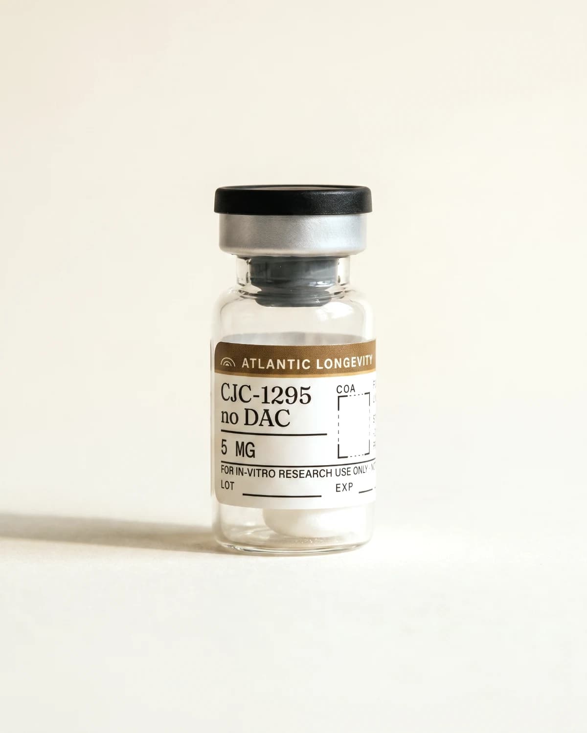 CJC-1295 no DAC vial with Atlantic Longevity batch label, lot and expiry write-in fields, on bone paper