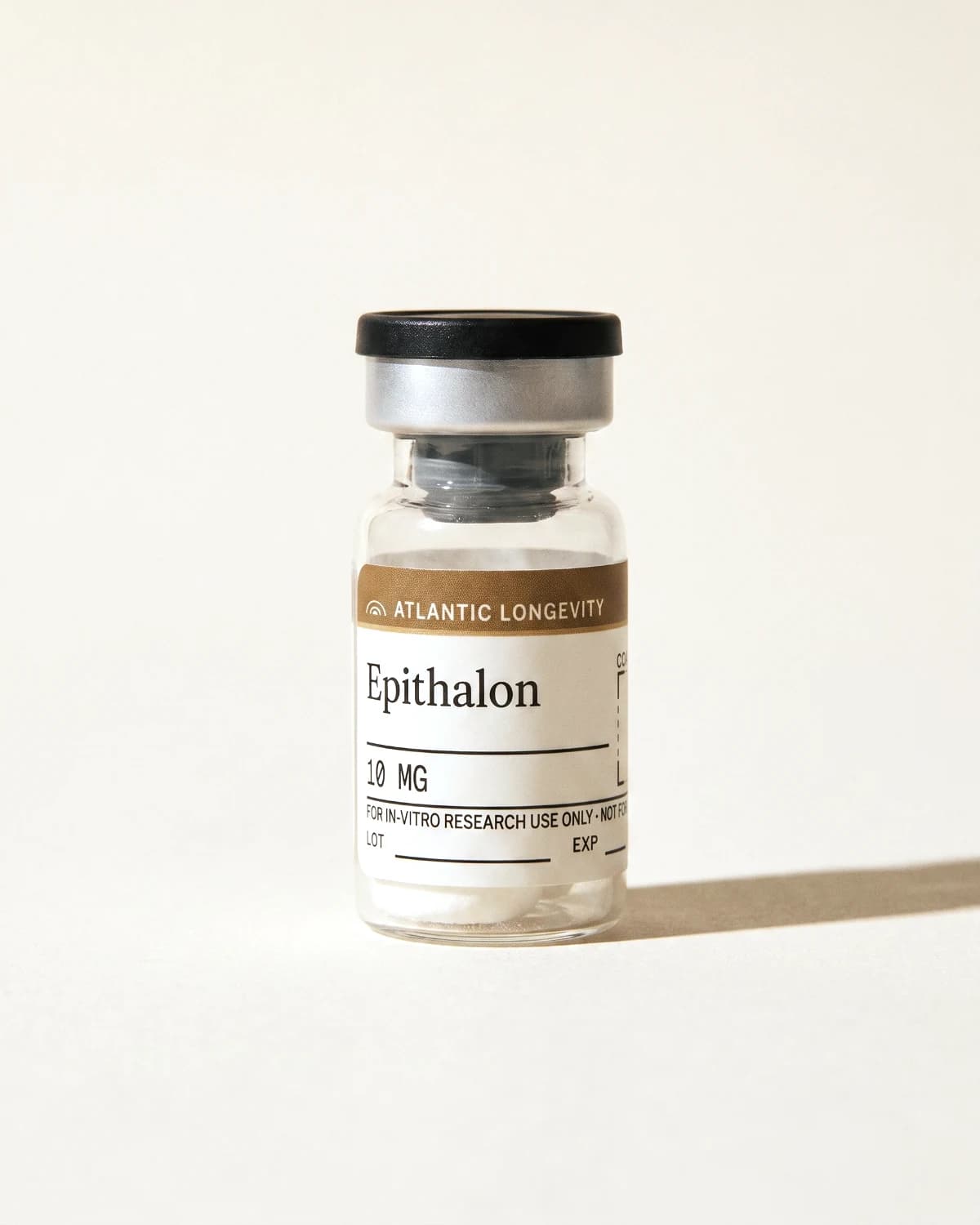 Epithalon vial with Atlantic Longevity batch label, lot and expiry write-in fields, on bone paper