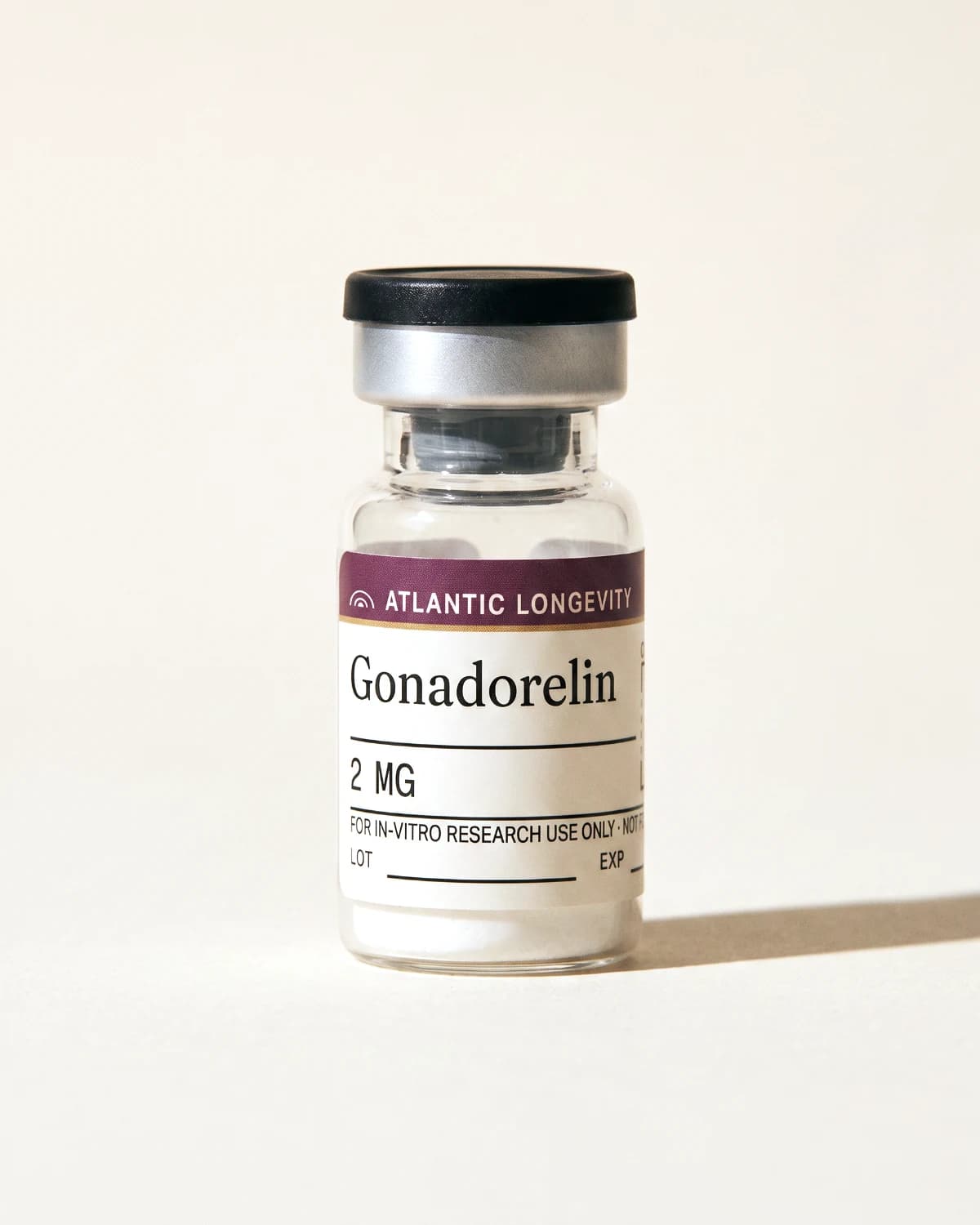 Gonadorelin vial with Atlantic Longevity batch label, lot and expiry write-in fields, on bone paper
