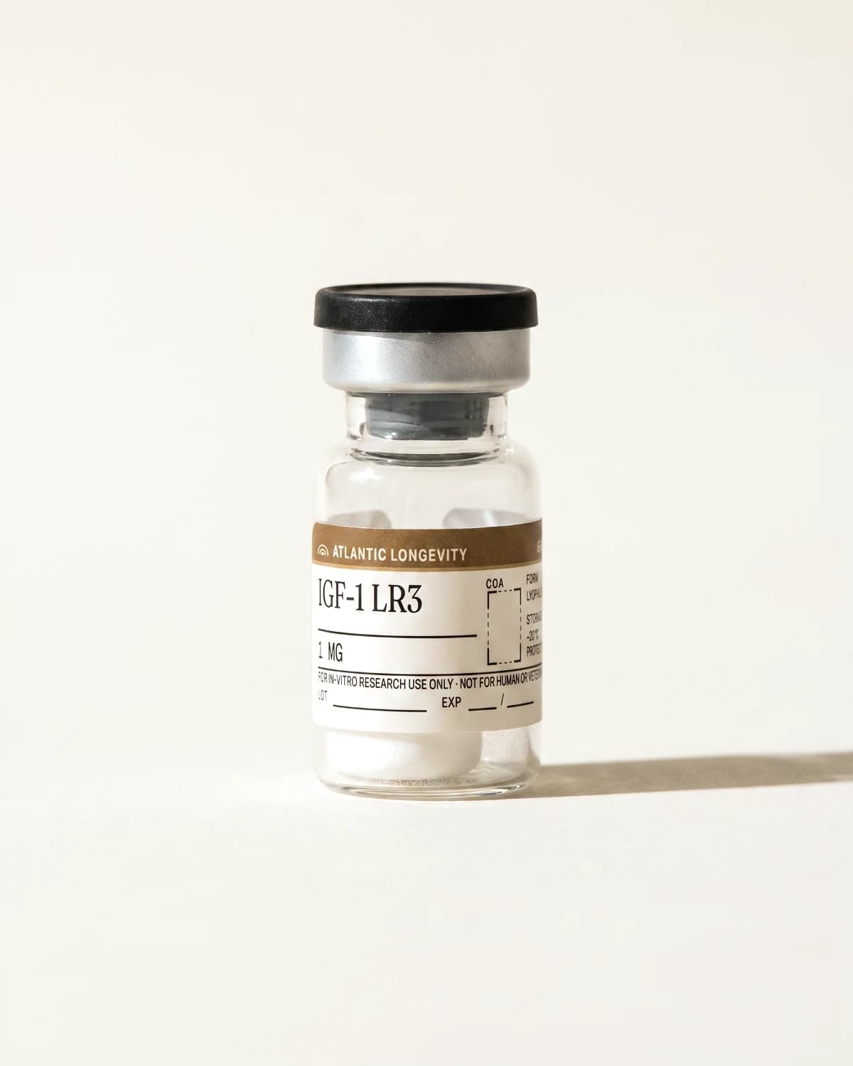 IGF-1 LR3 vial with Atlantic Longevity batch label, lot and expiry write-in fields, on bone paper