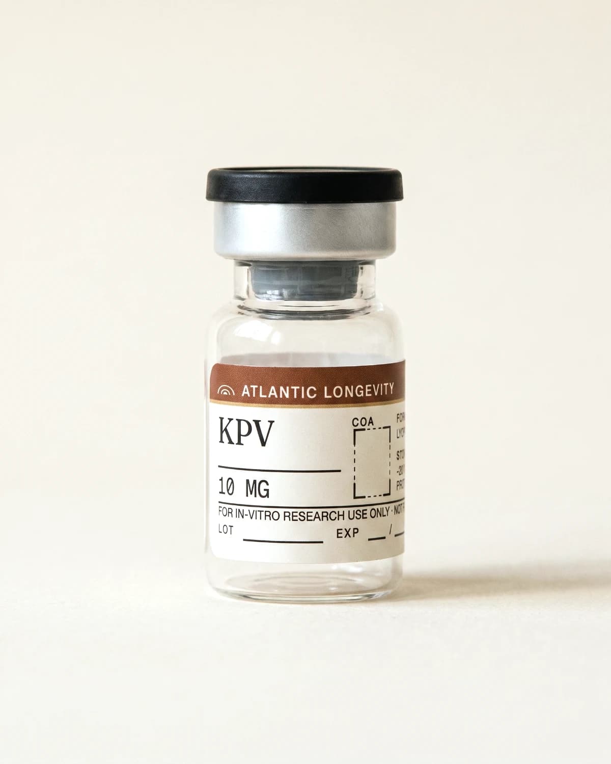 KPV vial with Atlantic Longevity batch label, lot and expiry write-in fields, on bone paper