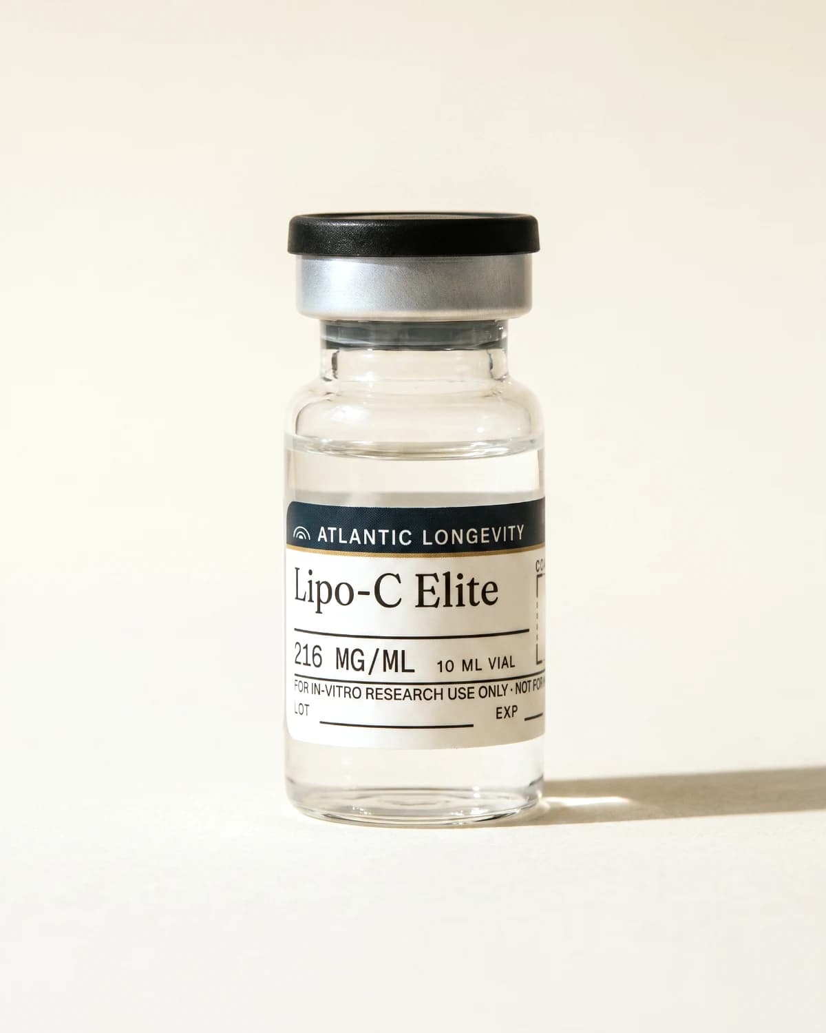 Lipo-C Elite vial with Atlantic Longevity batch label, lot and expiry write-in fields, on bone paper