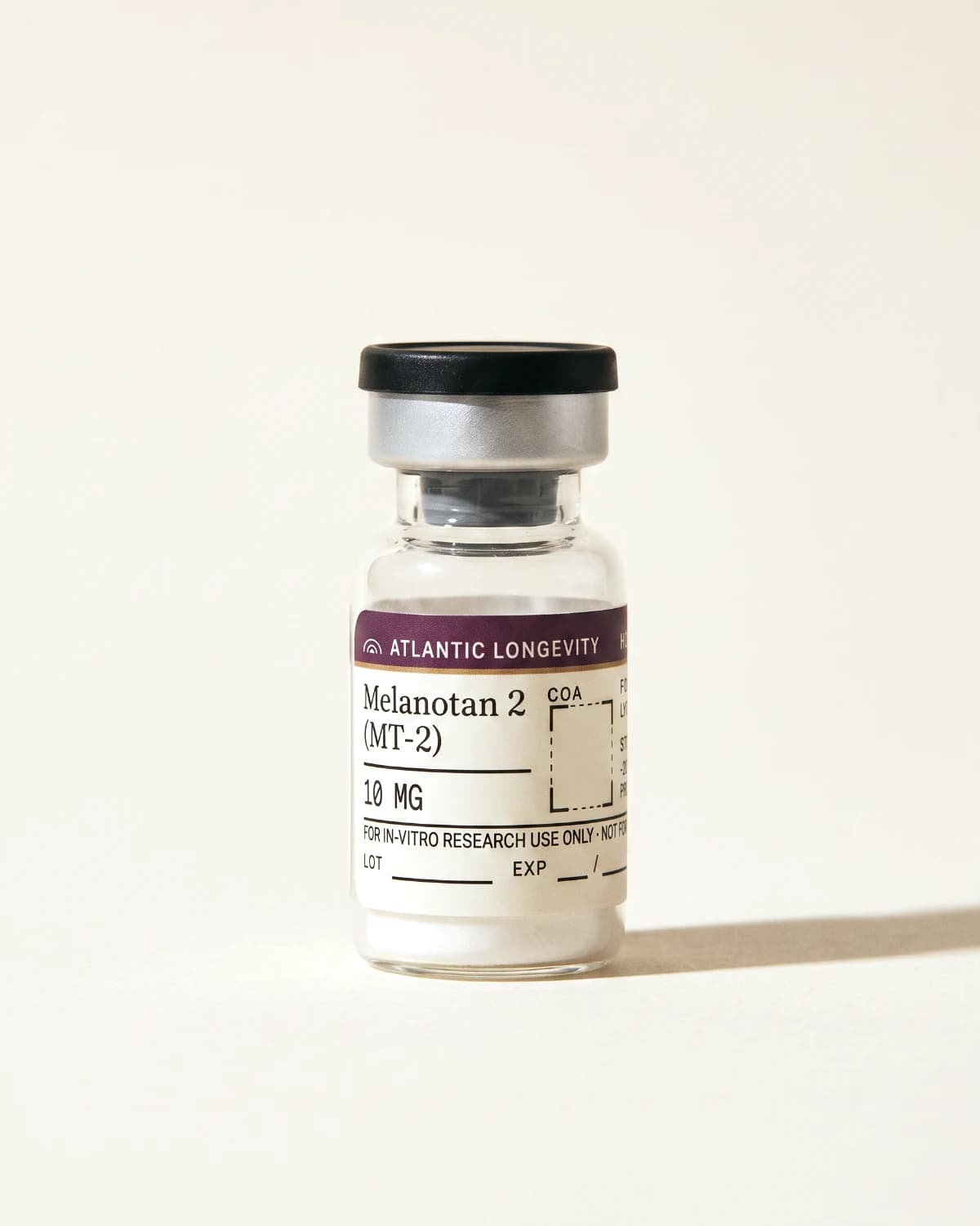 Melanotan 2 (MT-2) vial with Atlantic Longevity batch label, lot and expiry write-in fields, on bone paper
