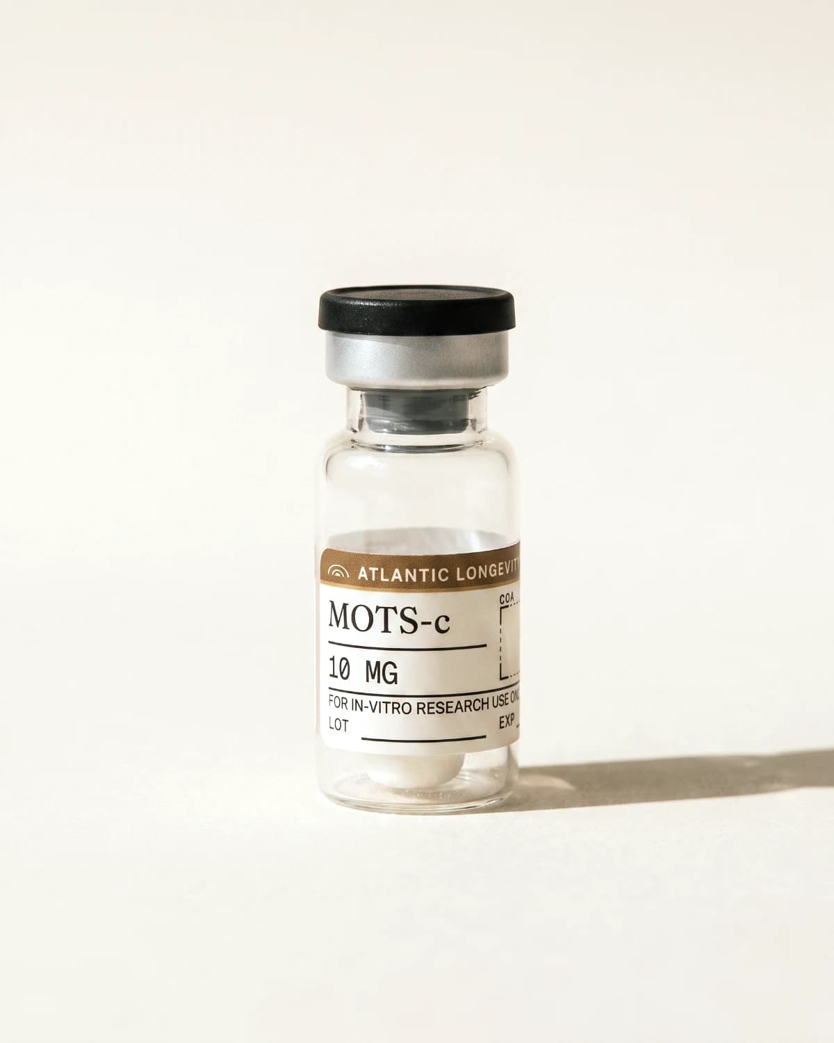 MOTS-c vial with Atlantic Longevity batch label, lot and expiry write-in fields, on bone paper
