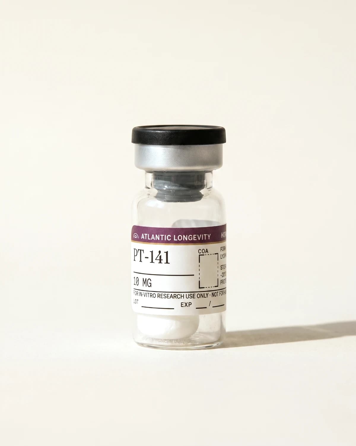 PT-141 vial with Atlantic Longevity batch label, lot and expiry write-in fields, on bone paper