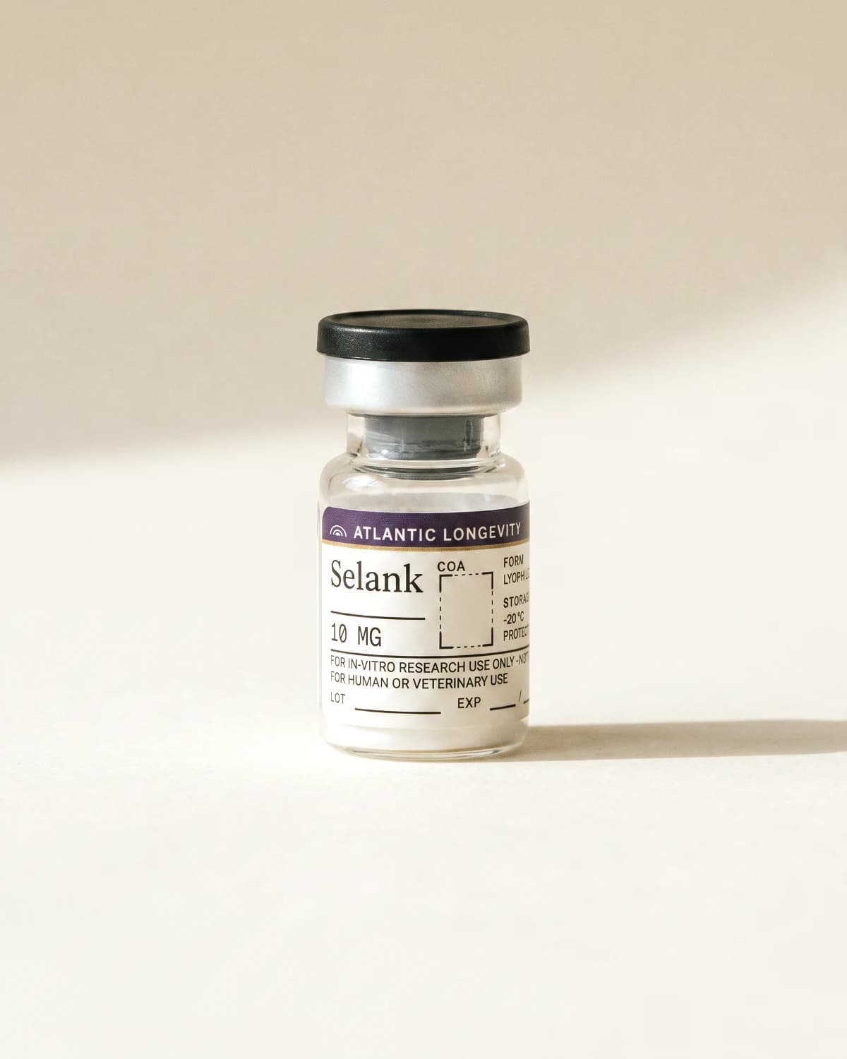 Selank vial with Atlantic Longevity batch label, lot and expiry write-in fields, on bone paper