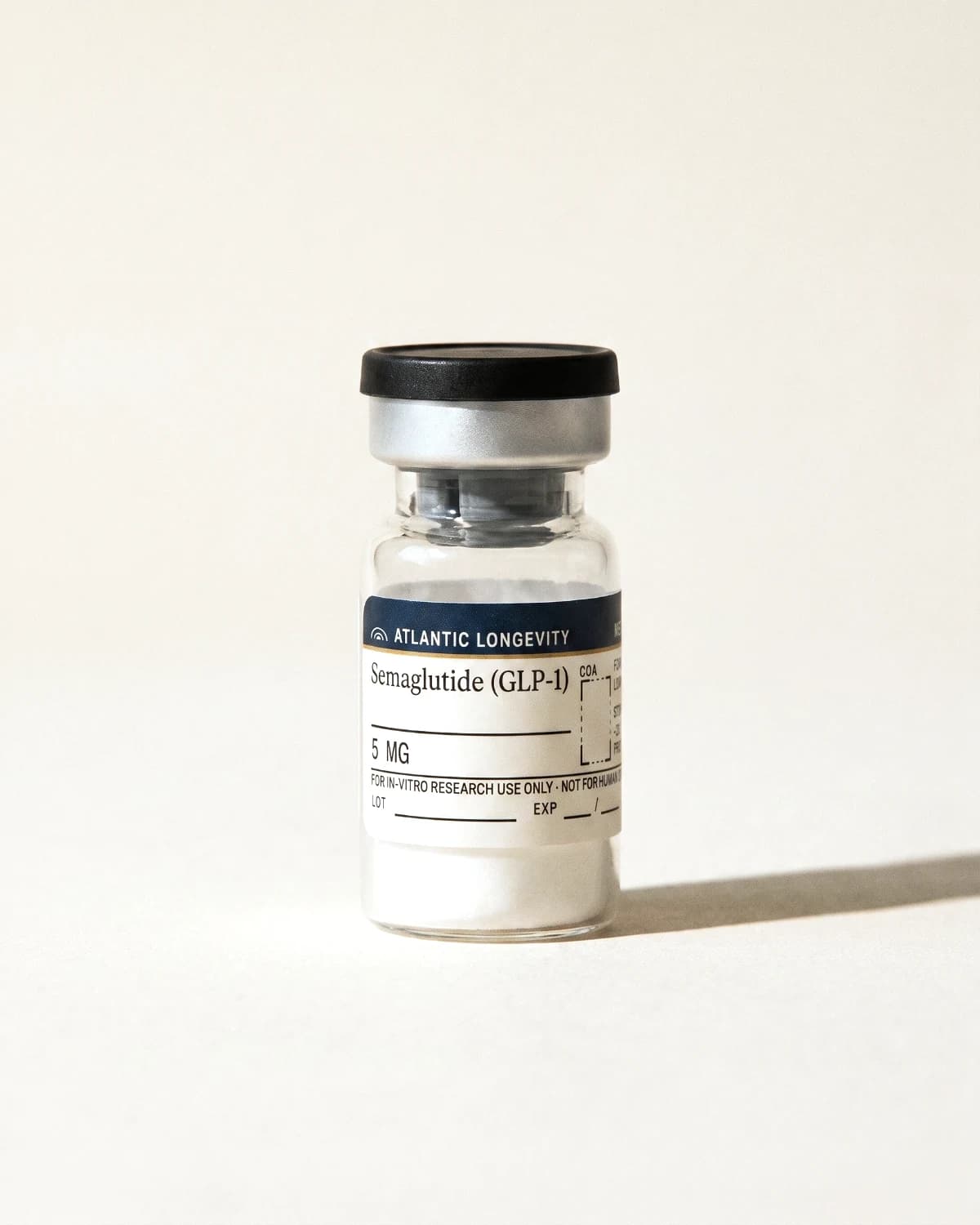 Semaglutide (GLP-1) vial with Atlantic Longevity batch label, lot and expiry write-in fields, on bone paper