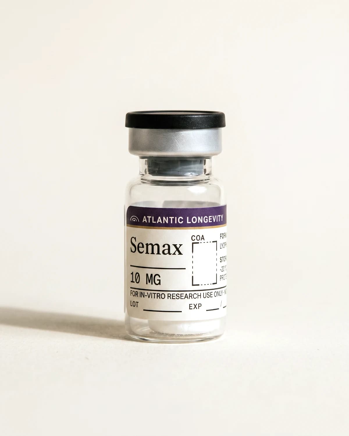 Semax vial with Atlantic Longevity batch label, lot and expiry write-in fields, on bone paper