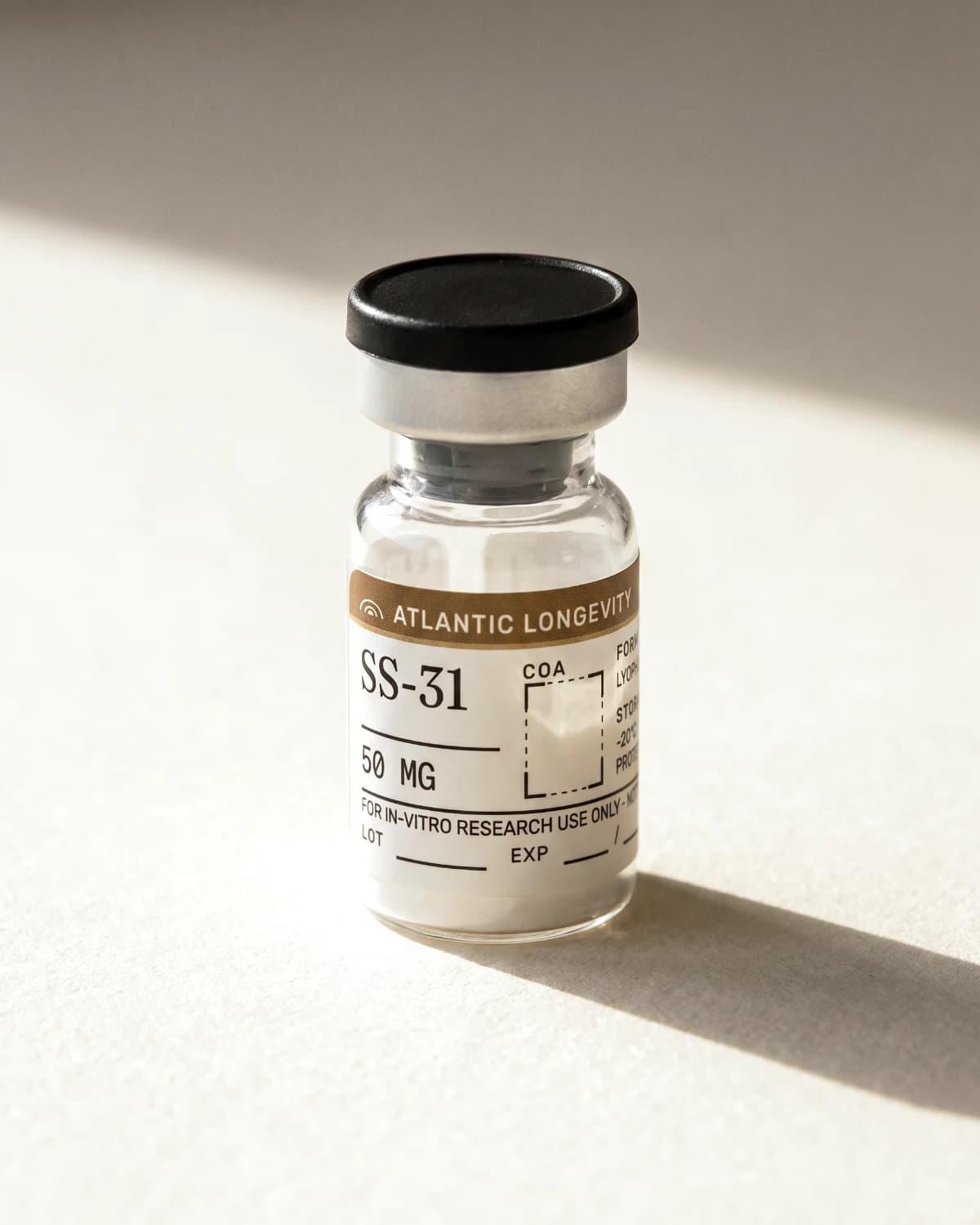 SS-31 vial with Atlantic Longevity batch label, lot and expiry write-in fields, on bone paper