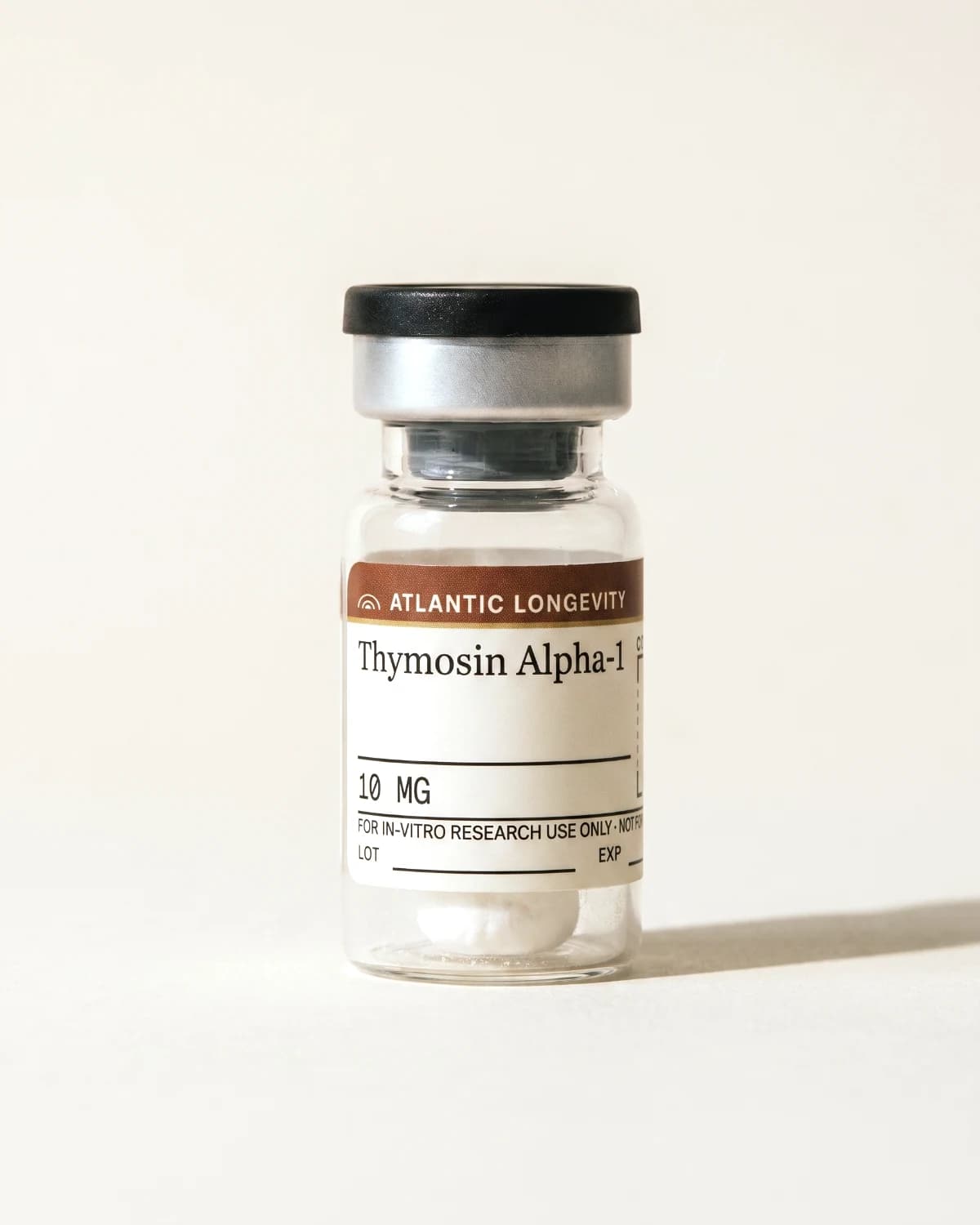 Thymosin Alpha-1 vial with Atlantic Longevity batch label, lot and expiry write-in fields, on bone paper