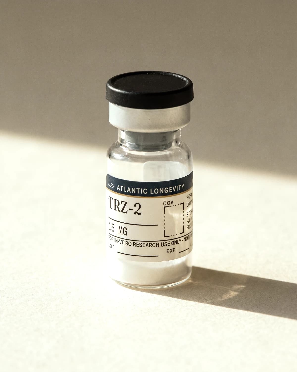 TRZ-2 vial with Atlantic Longevity batch label, lot and expiry write-in fields, on bone paper