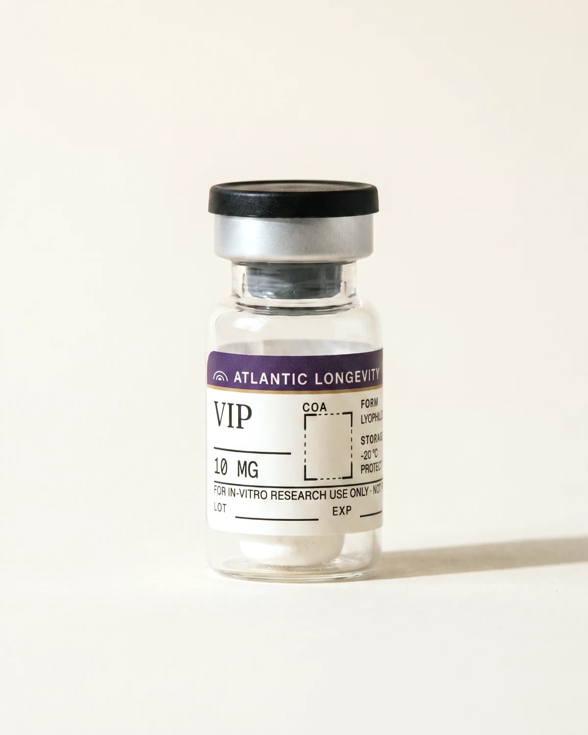 VIP vial with Atlantic Longevity batch label, lot and expiry write-in fields, on bone paper